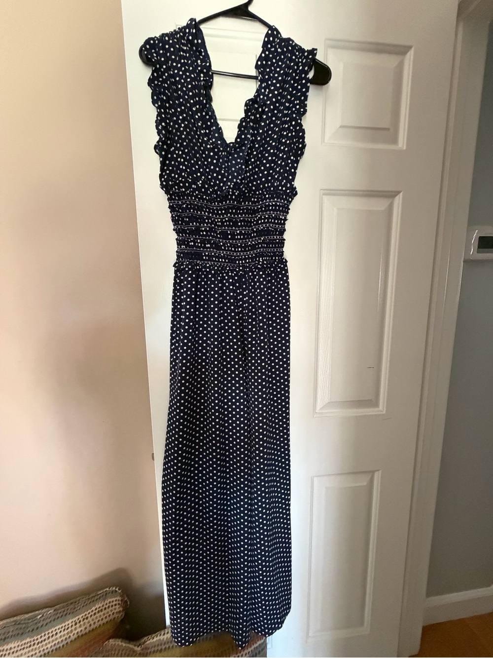 Max Studio Navy and White Polka Dot Maxi Jumpsuit